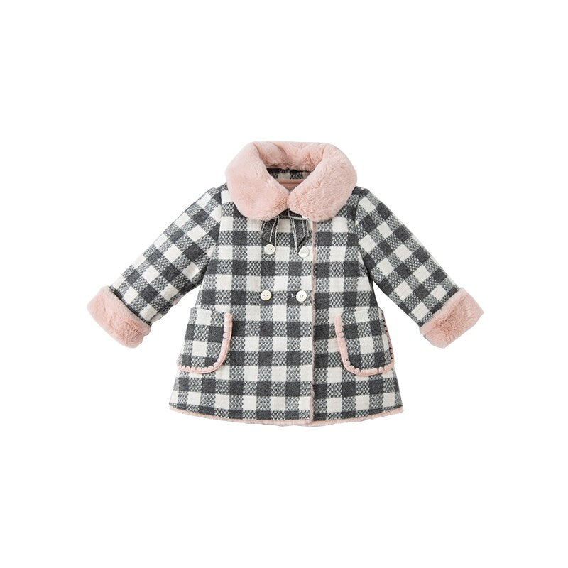 Winter Baby Girl Fashion Bow Plaid Pockets Coat Children Girls