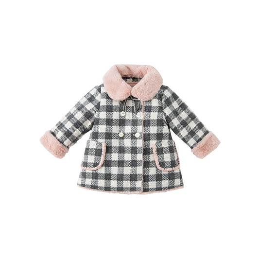Winter Baby Girl Fashion Bow Plaid Pockets Coat Children Girls