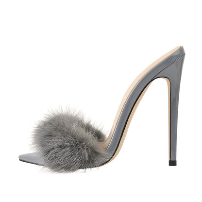 Peep Toe Mules Artificial Fur Slip On Gold White Thin High Sandals