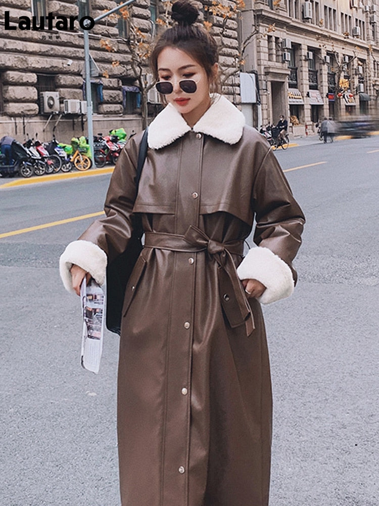 Lautaro Winter Long Warm Thick Leather Trench Coat for Women with Faux Fur
