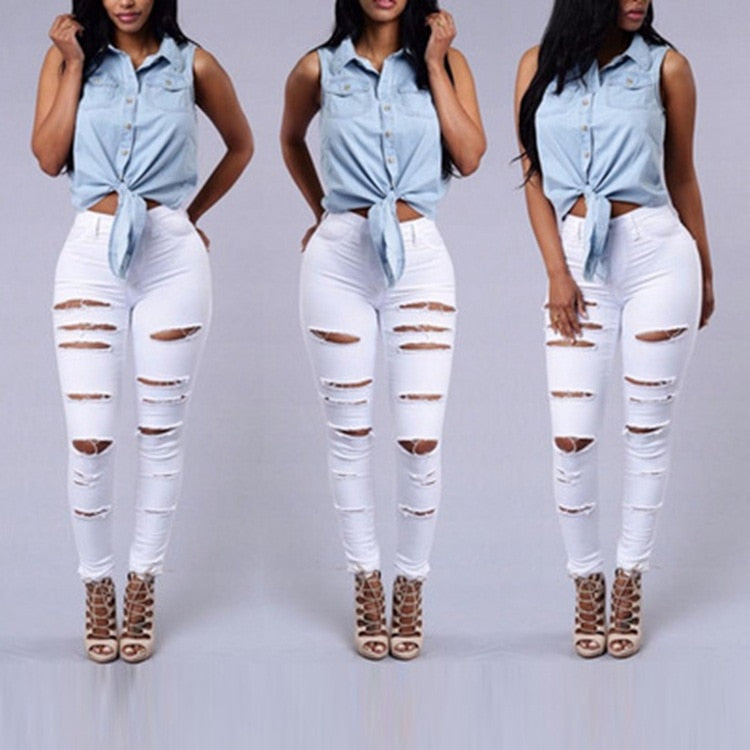 Spring Summer Elastic Trousers Black and White Ripped Jeans Fashion