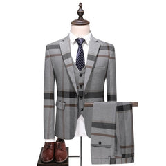 Men's Wedding Plaid Blue Gray Blazers Jacket Pants Vest 3 Pcs Set