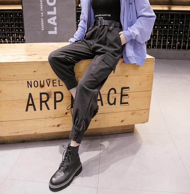 Streetwear Cargo Pants Women Harajuku Winter Woolen Warm Ladies Trousers