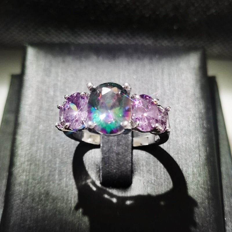 Luxurious Mystery Stone Ring Silver Plated Rainbow Fashion Jewelry Ring