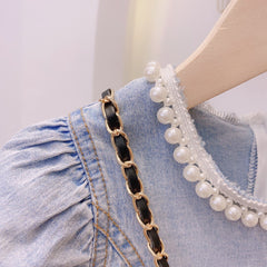 Summer Girls Short-Sleeved Dress Fashion Pearl Decorative Collar Children
