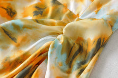 Women Vintage Yellow Tie dye Flower print  Spaghetti Strap Dress