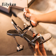 Silver Back Strap Sandals Transparent Perspex Heel Spike High Heels
