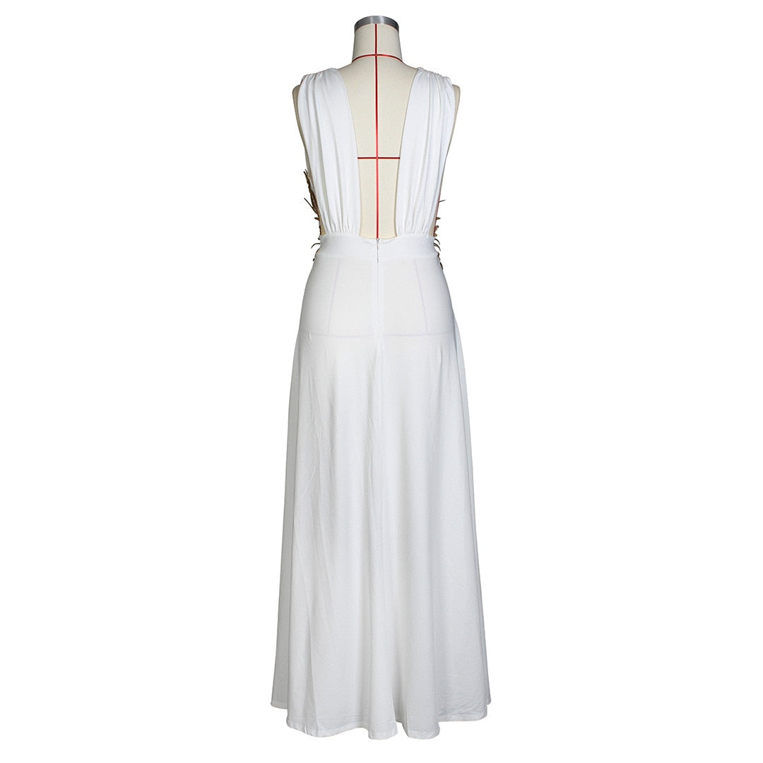White Sparkly Sequined Splice Long Party Dress Women Deep V Neck Sleeveless