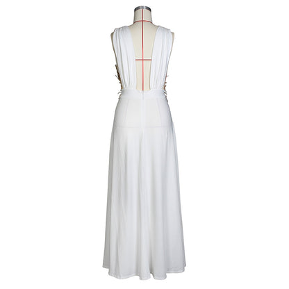 White Sparkly Sequined Splice Long Party Dress Women Deep V Neck Sleeveless