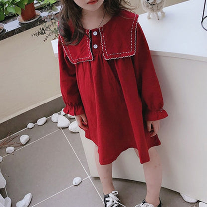 Girls Dress Autumn Big Lapel Sweet Long-Sleeved Dress Children Baby Kids