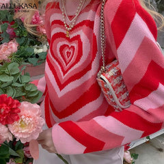 Aesthetics Sweater Women Heart Striped Fashion Sweaters E-girl Sweet