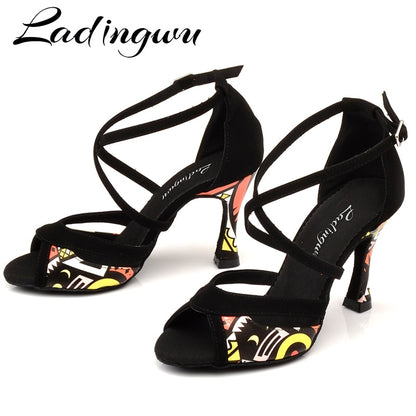 Ladingwu Latin Dance Shoes For Women Black Flannel and Orange African print