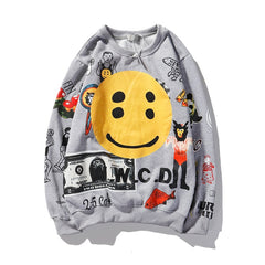 Smiley Flame Print Round Neck Sweatshirts Men and Women Plus Velvet Streetwear