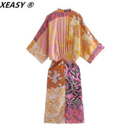 Women Vintage Printed Waist Elastic Front Slit Midi Dress Female Beading