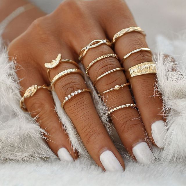 Vintage Boho Crystal Butterfly Rings Set For Women Zircon Leaves Stars