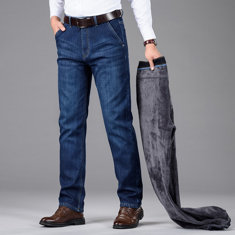 Classic Style Winter Men's Warm Business Jeans Fashion Casual Denim