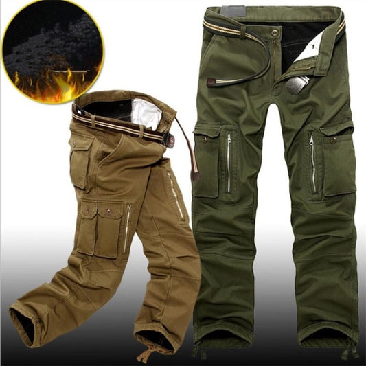 Winter Fleece Warm Tactical Pants Zip Cotton Trousers Loose Army Green