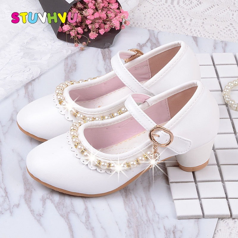 Princess Kids Leather Shoes for Girls High Heels Beaded Children