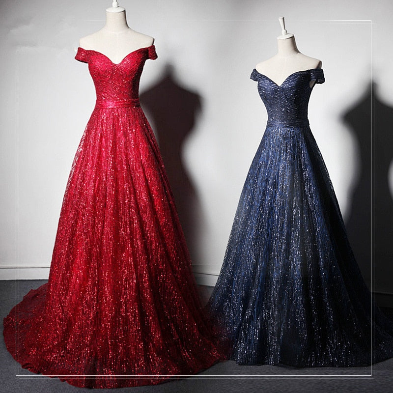 Evening wear Dresses: Beauty-Emily V Neck Off The Shoulder Evening Dresses