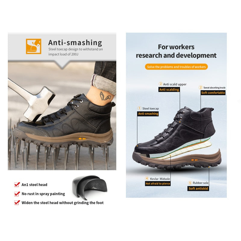 Men Leather Safety Work Boots Steel Toe Puncture-proof Indestructible