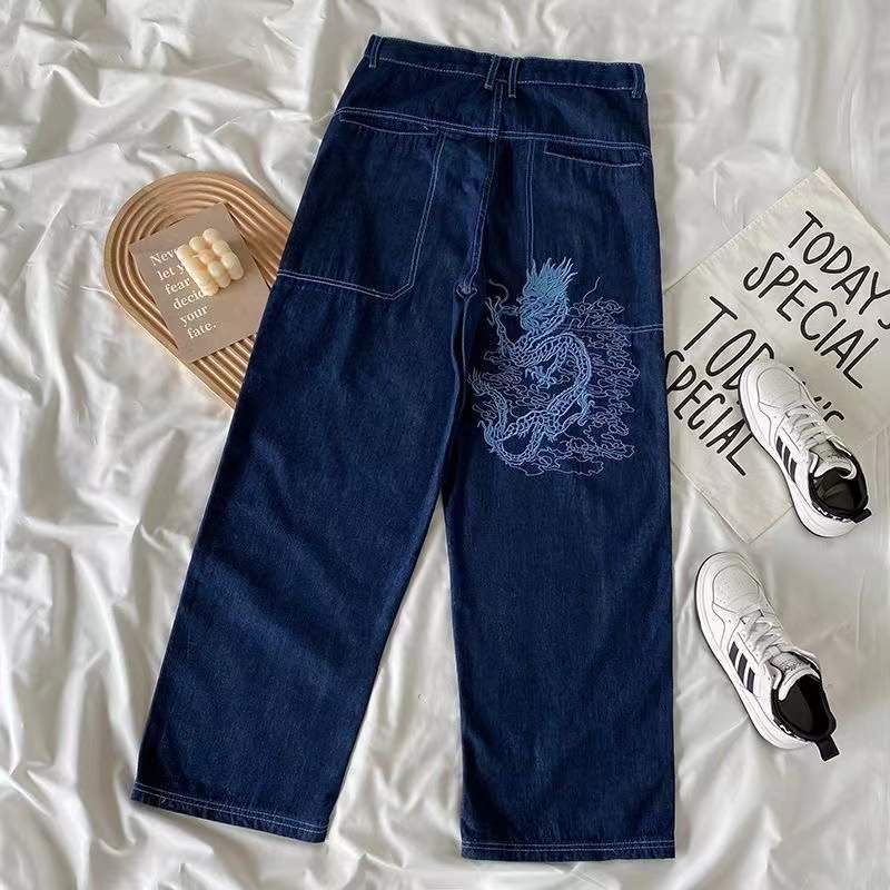 American retro street loose embroidered straight-leg jeans women