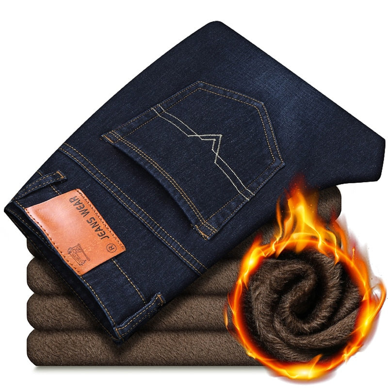 Classic Men'S Regular Fit Fleece Jeans Business Fashion Loose Casual
