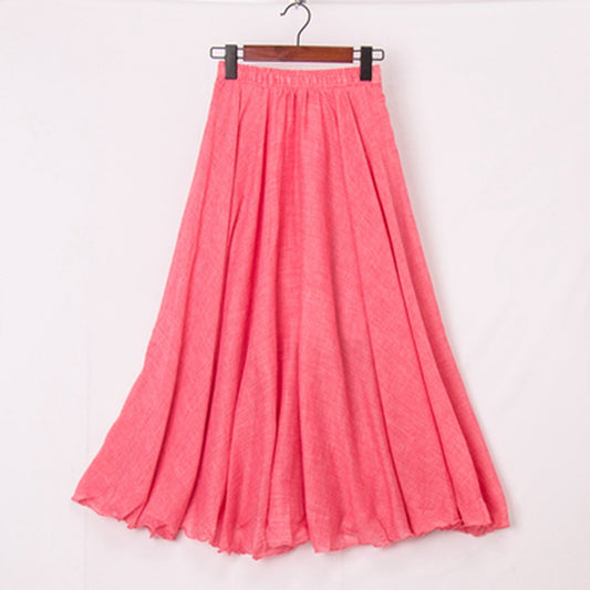 Cotton Linen Maxi Skirt Womens Casual Elastic High Waist Pleated