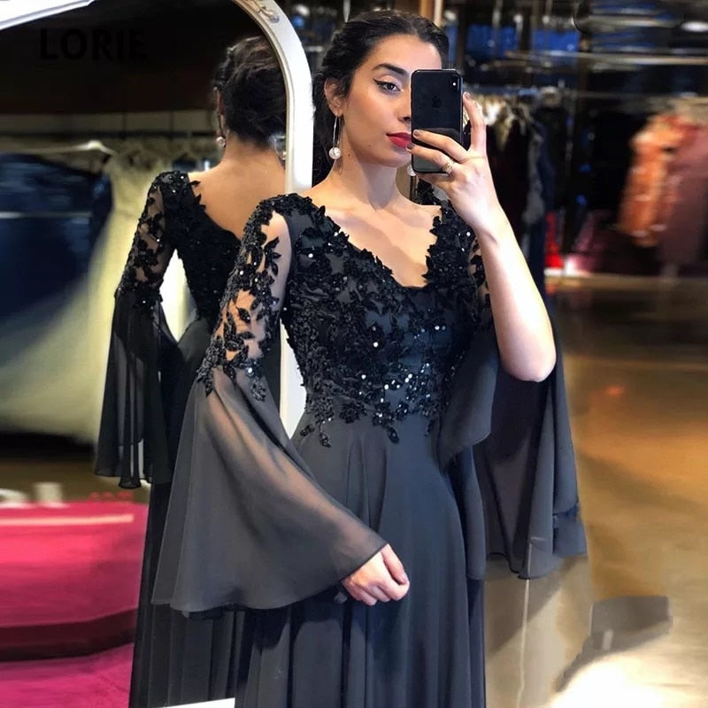 Evening wear Dresses: Flare Long Sleeve V-Neck Lace Appliques Sequins