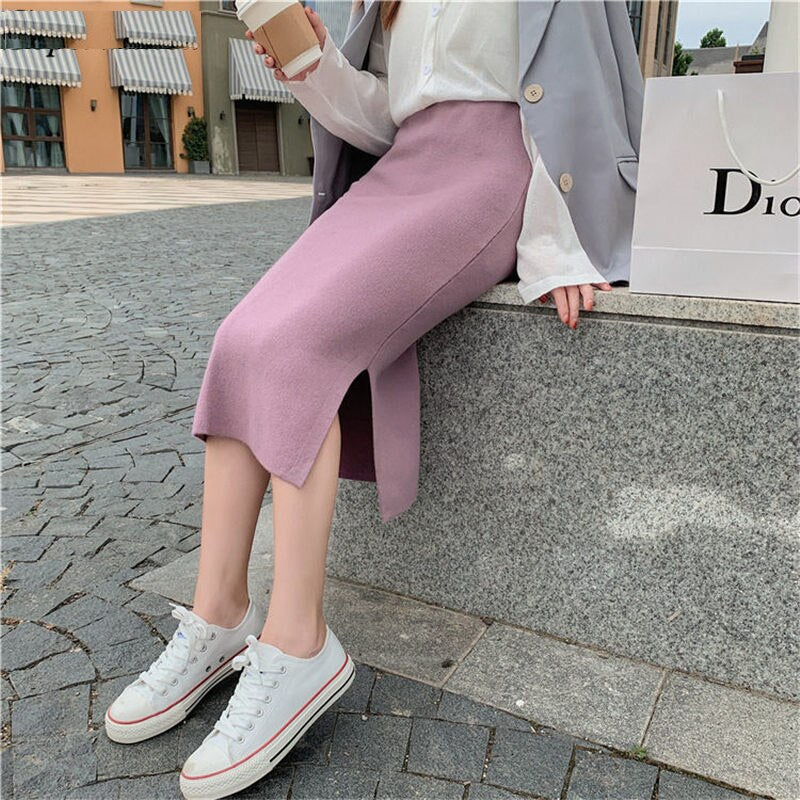 High Elastic Waist Women Long Skirt Knitted Pencil Skirt Wool Autumn Split Skirts