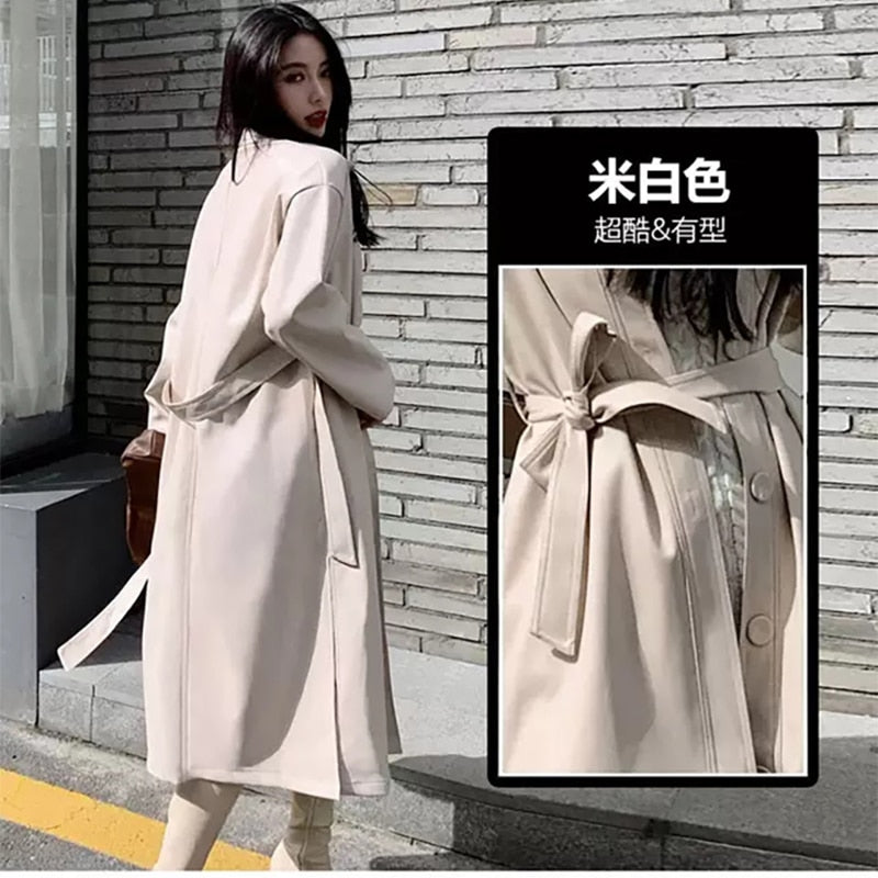 Autumn long leather trench coat for women long sleeve belt buttons