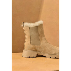 Chelsea Boots Women Leather Snow Boots Warm Fur Round