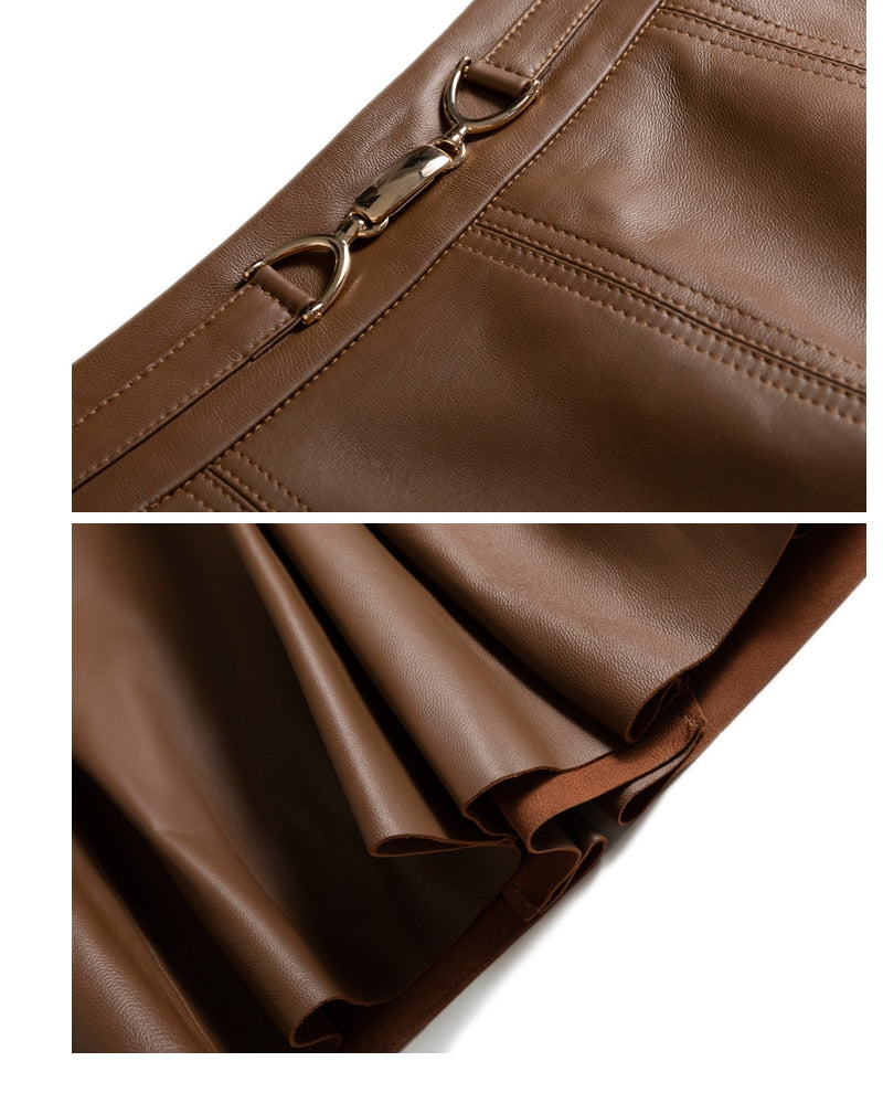 Literary Retro Leather Skirts Women Female 3D Metal  Tailoring High Waist Mid Long