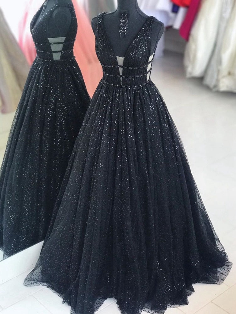Homecoming Dresses: Black Long A-Line Beaded Prom Dresses Elegant Women