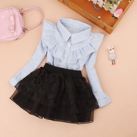 Teenage girls clothes Autumn Kids blue stripe blouses Turn-down collar