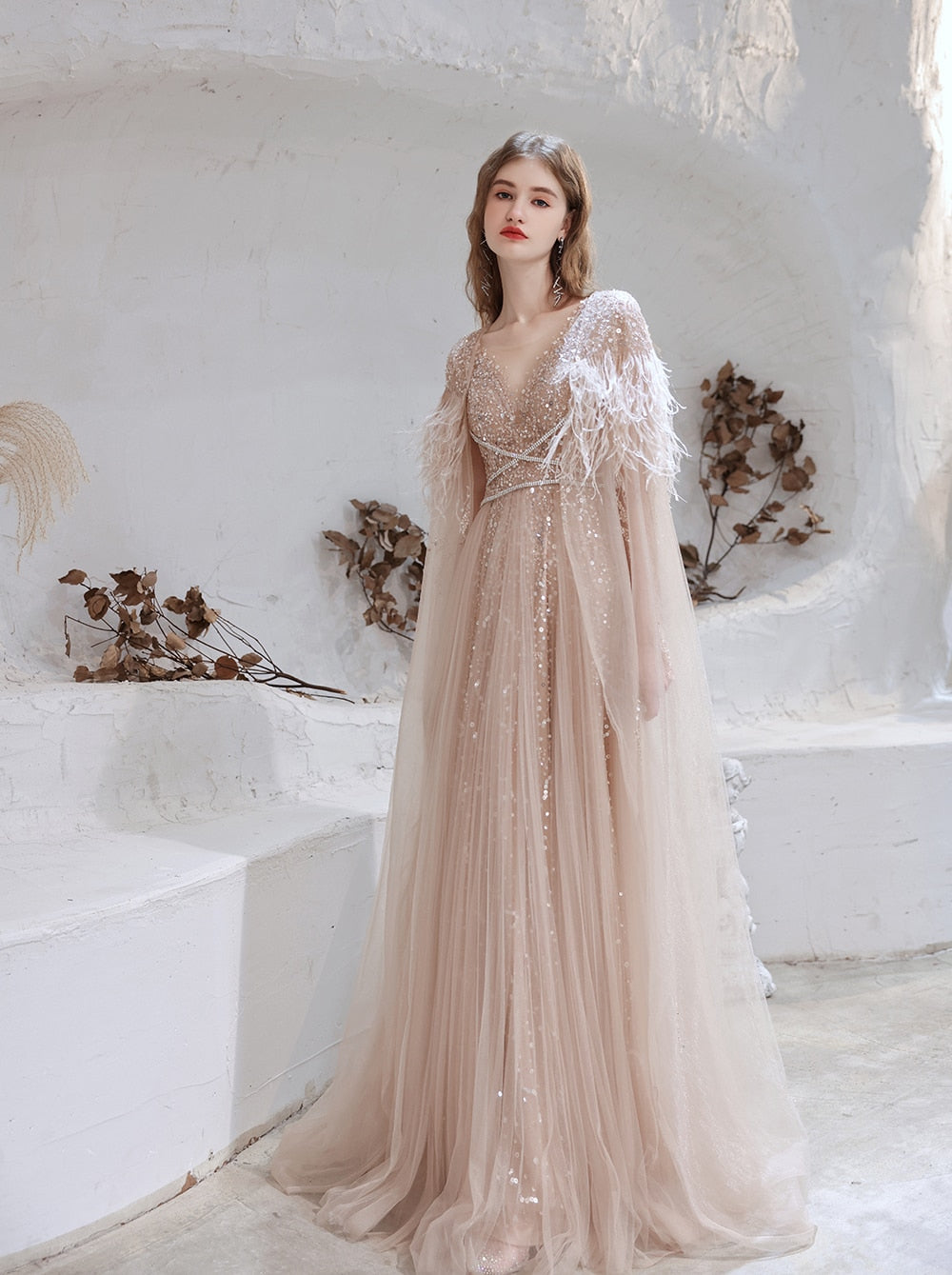 Evening wear Dresses: Evening Dresses with Detachable Shawl Silver Grey