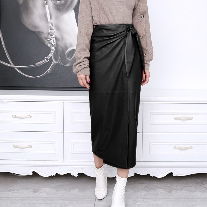 Leather Wrap Skirt Women Winter Female European Real Soft Lambskin 80 cm