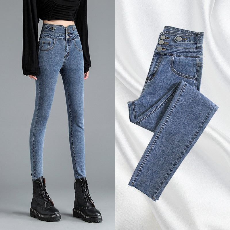 GUUZYUVIZ High Waist Jeans Autumn Winter Pencil Pants Denim Buttons Ladies Jeans Trousers High Elasticity Jean Femme