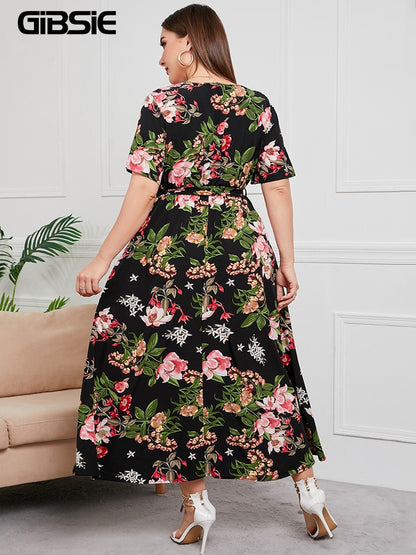 Plus Size V Neck Floral Print Boho Dress Women Summer Short Sleeve Maxi Dresses