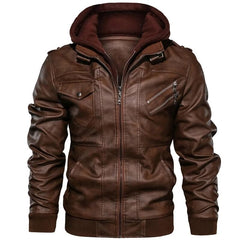 Men's Autumn Winter Motorcycle Leather Jacket Windbreaker Hooded  Jackets