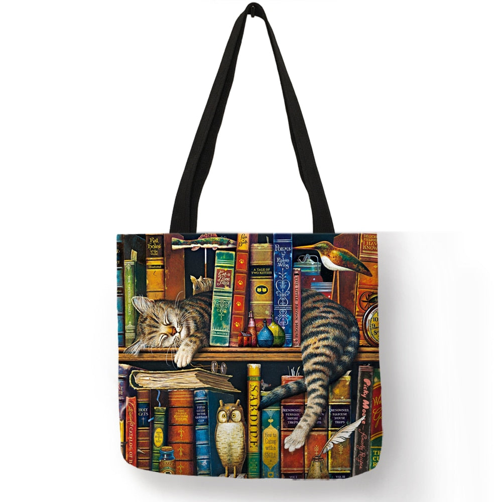 Customize Oil Painting Cat Print Womens Designer Tote Bags Linen