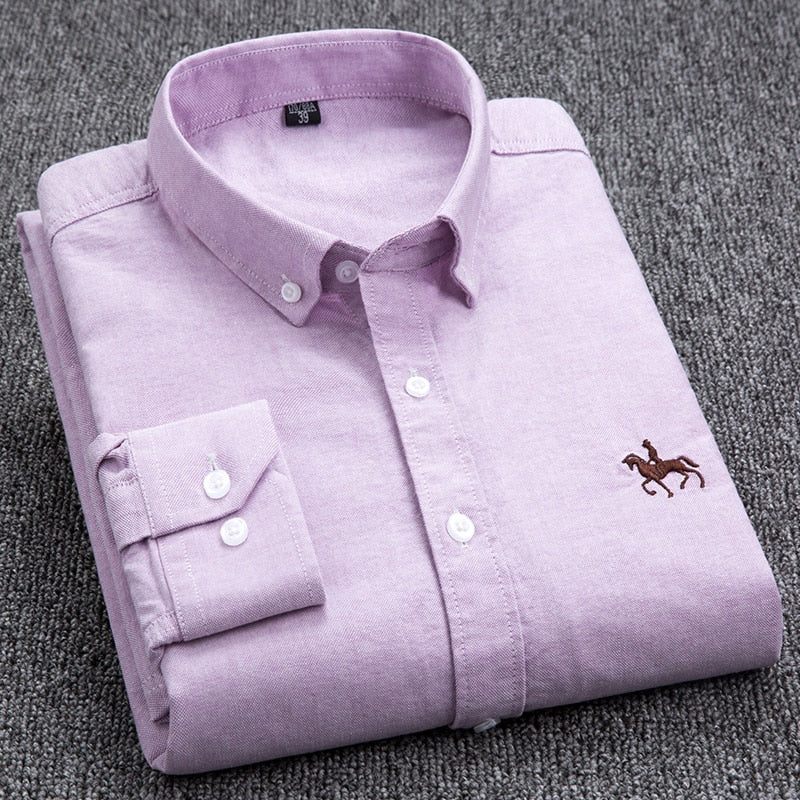 Cotton Oxford Shirt Men's Long Sleeve Embroidered Horse Casual
