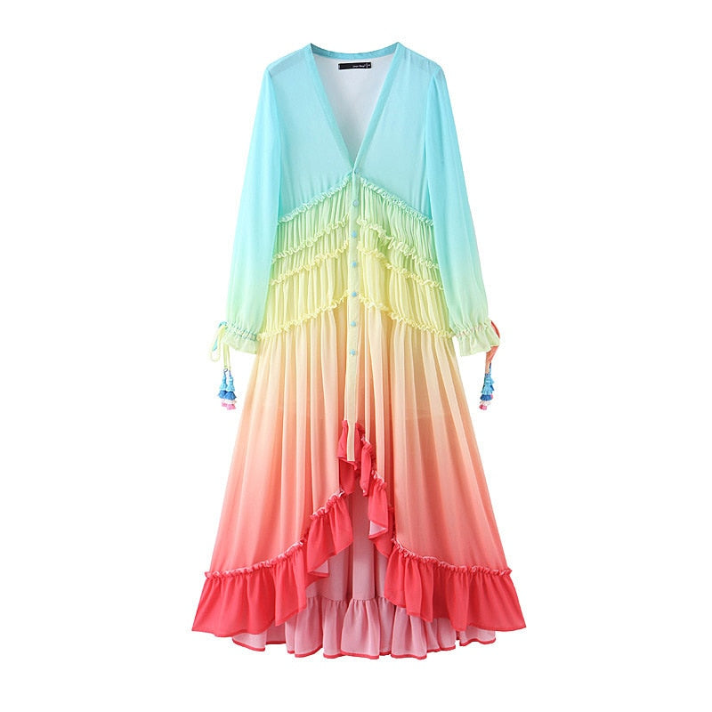 Women's Summer Bohemian Dress Printing Gradient Elegant Maxi Dress