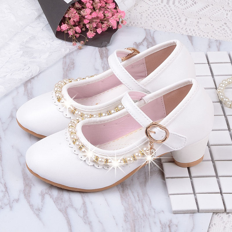 Princess Kids Leather Shoes for Girls High Heels Beaded Children