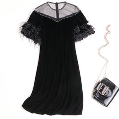 women beaded mesh round neck velvet dress ostrich feather lotus leaf sleeve dresses