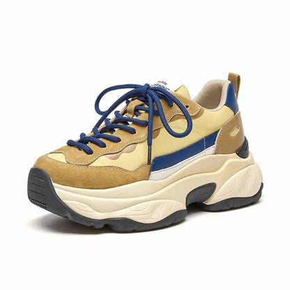 Sneakers Women Leather Patchwork Fabric Round Toe Mixed Color