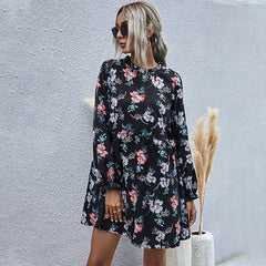 Autumn Winter Fashion Floral Dress Women Casual Full Sleeve High Waist Loose