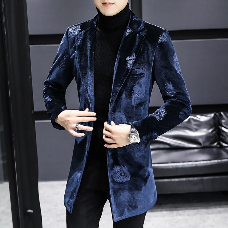 Winter Velvet Wool Blends Jacket Men Fashion Slim Long Casual Business