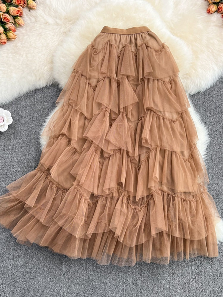 Tutu Tulle Long Skirts Womens Spring Korean Solid A Line High Waist