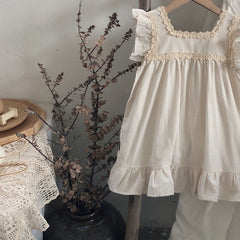 Summer Girls Dress British Style Retro Embroidery Little Girl Flying Sleeves