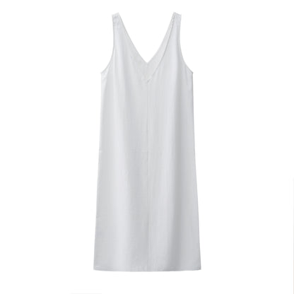 Women Solid White V Neck Sleeveless Fashion Dress Split Tank Dress